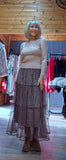 Rula Crew -Neck Fitted Sweater – Soft Knit with Gold Shimmer and Erin Chocolate Tiered Crepe Skirt – Sheer Overlay with Velvet Underlay