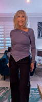 Evangeline  Long Sleeve Top with Asymmetric Ruched Neckline & Handkerchief Hem