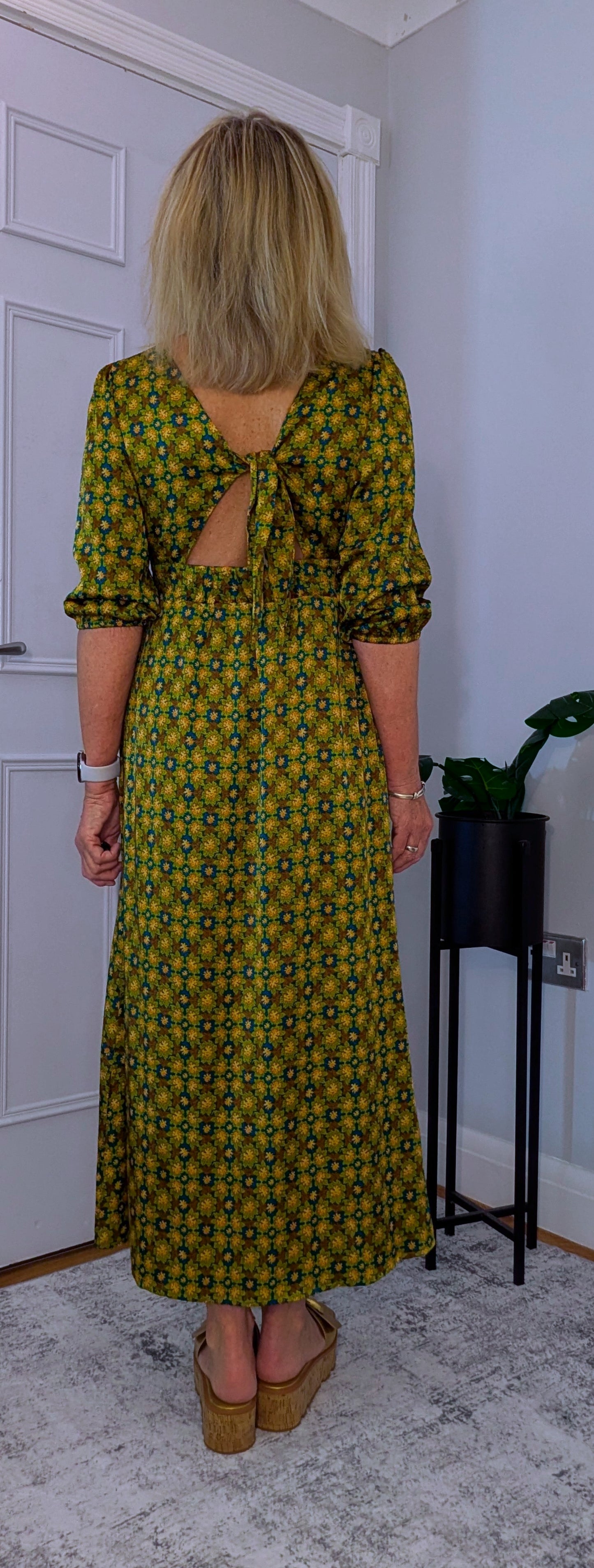 Allegra  Midi Dress in Olive Green and Gold With Tie Back