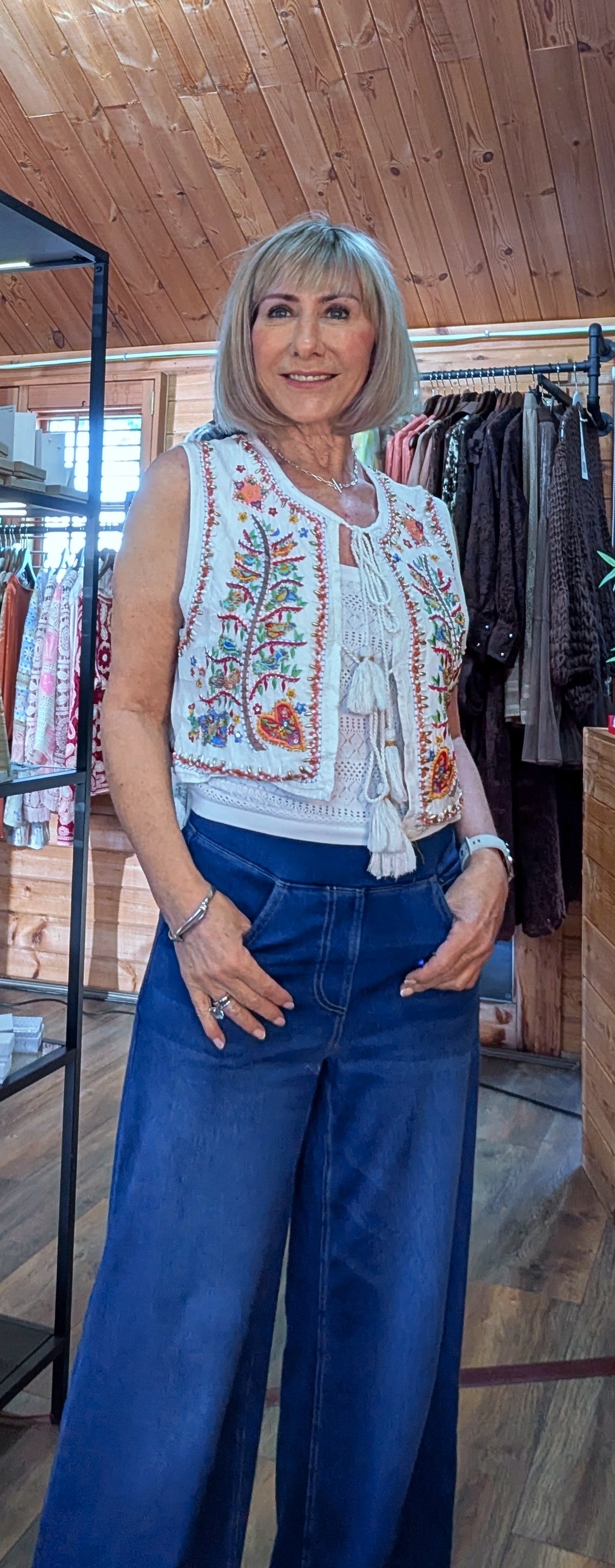 Posy  White Boho Cotton  Embroidery Sleeveless Cardigan