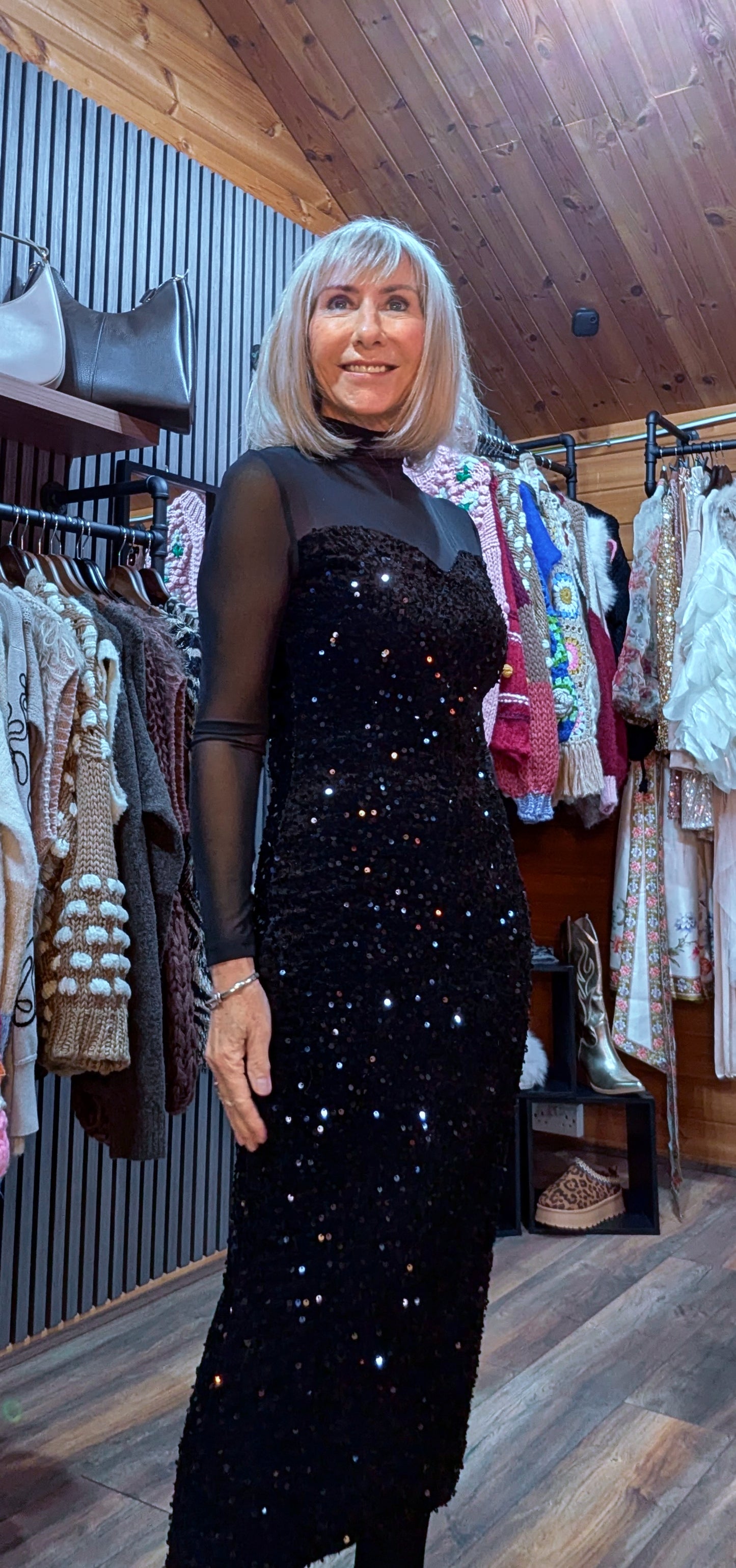 Audrey Sheer High-Neck Dress – Velvet Feel with Sequin Detail