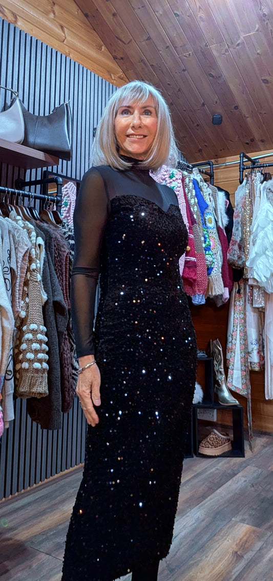 Audrey Sheer High-Neck Dress – Velvet Feel with Sequin Detail