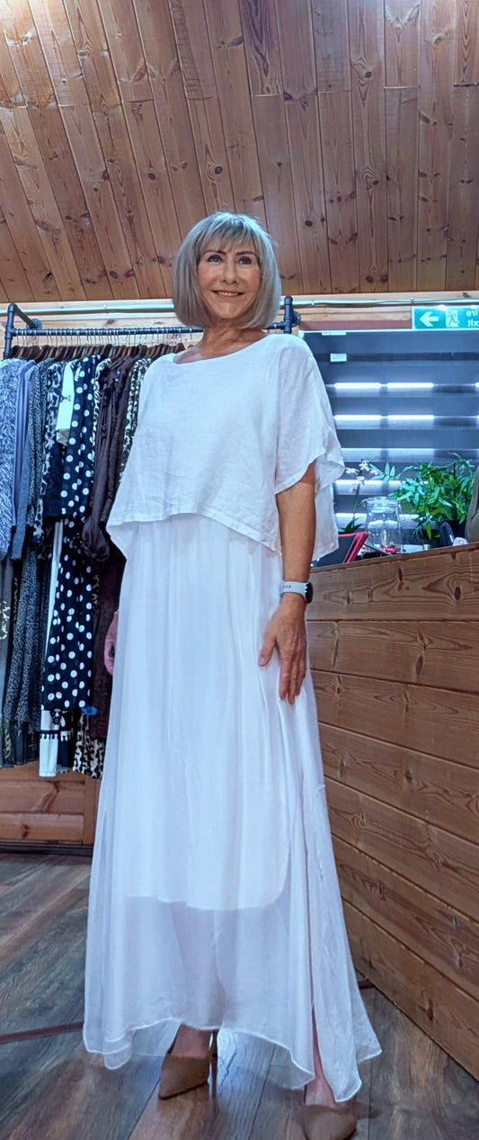 Hettie LInen and Silk Maxi  Layered Summer Dress- White or Taupe