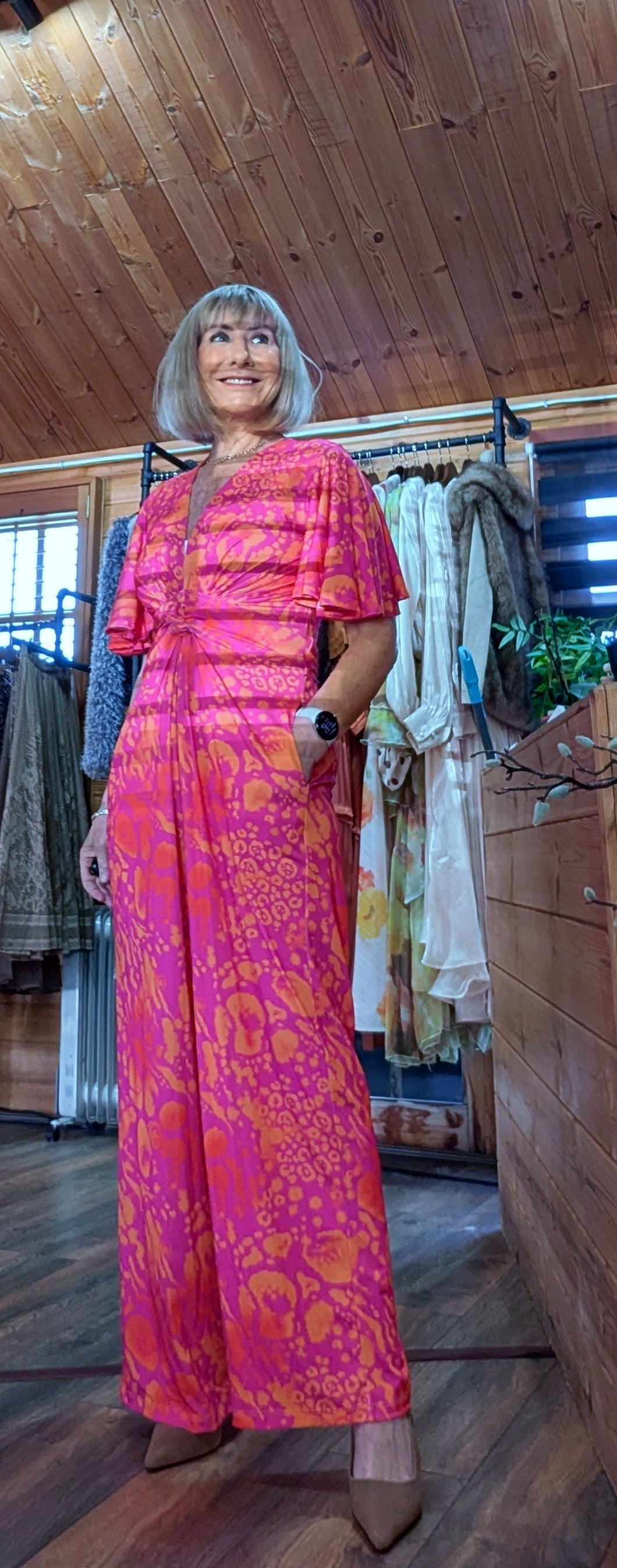 Justina Tropical Green - Fuchsia -Angel Sleeve Maxi Jumpsuit with Twist Detail