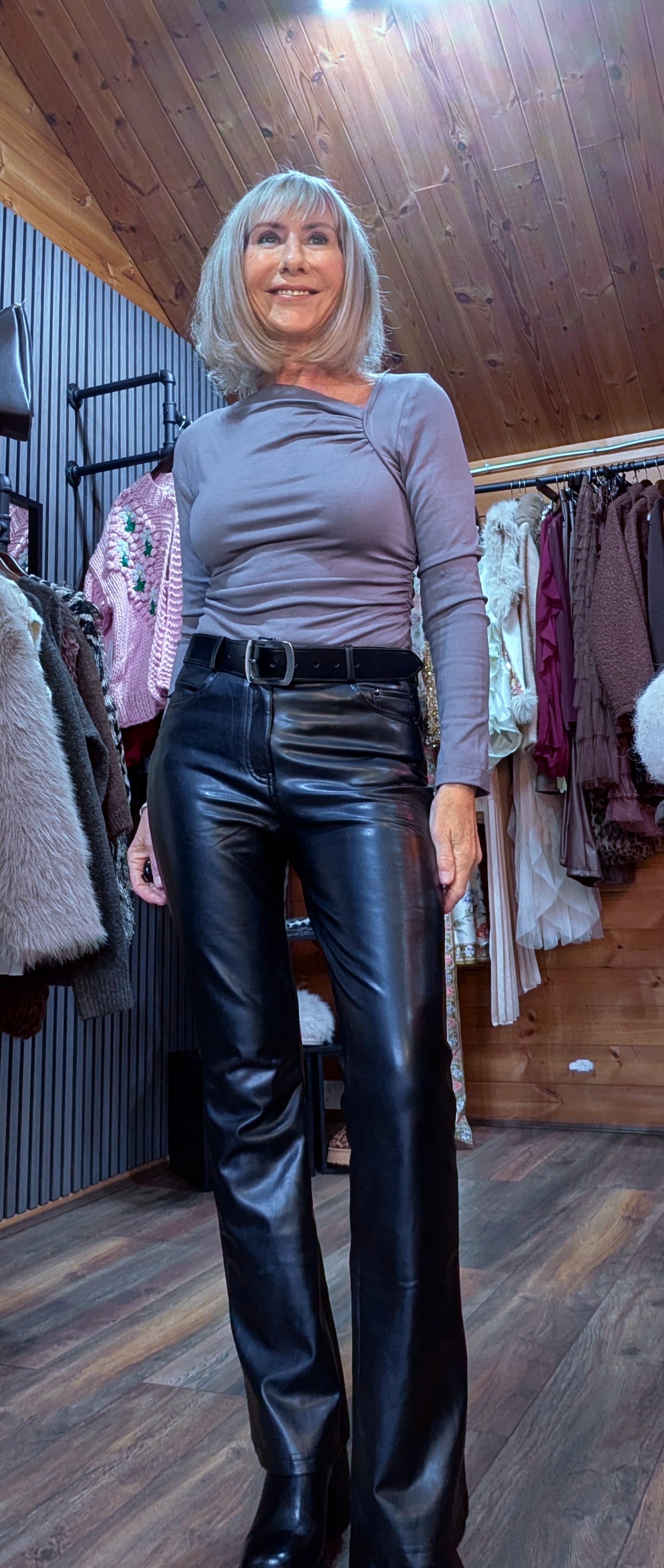 Evangeline  Long Sleeve Top with Asymmetric Ruched Neckline