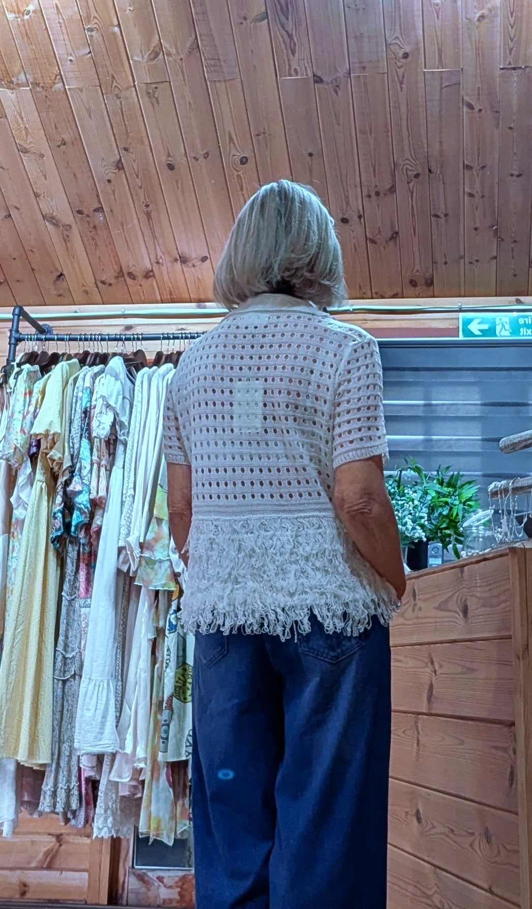 Flavia cream crochet fringe top with button front rear view