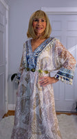 Lucy – Lace Bohemian Maxi Dress in Soft Beige with Navy Embroidery