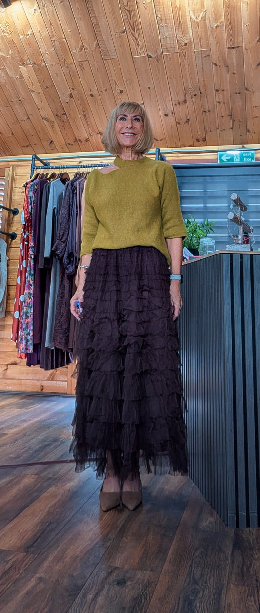 Tasha chocolate tiered tulle maxi skirt with layered ruffle detail