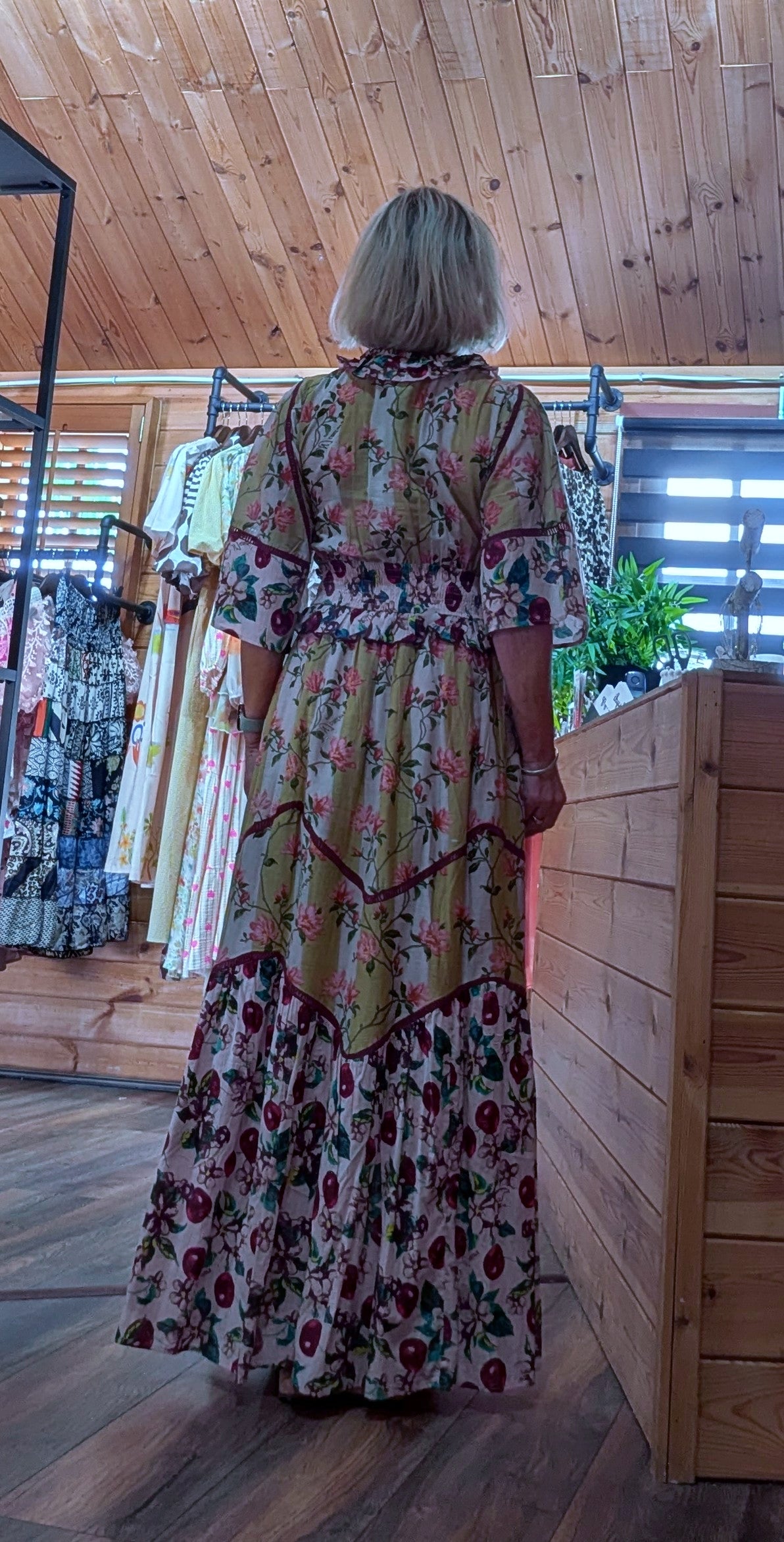 Rear view Felicity Bohemian Maxi  Dress with shirred waist cottage core style 