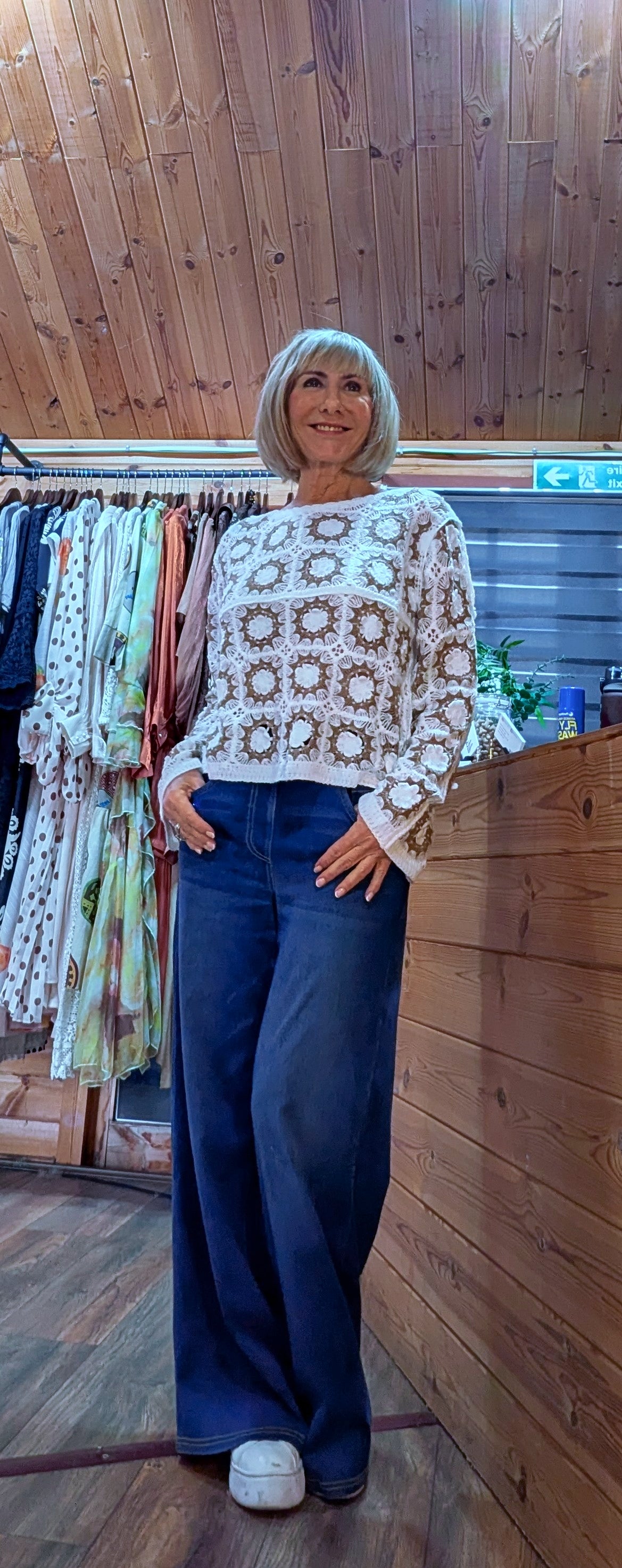 Mandy Crochet  cotton Oversized Top In Beige 