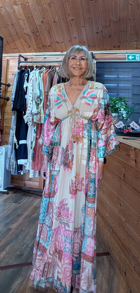Ember Boho Maxi Dress – Multicoloured Viscose Patchwork Dress