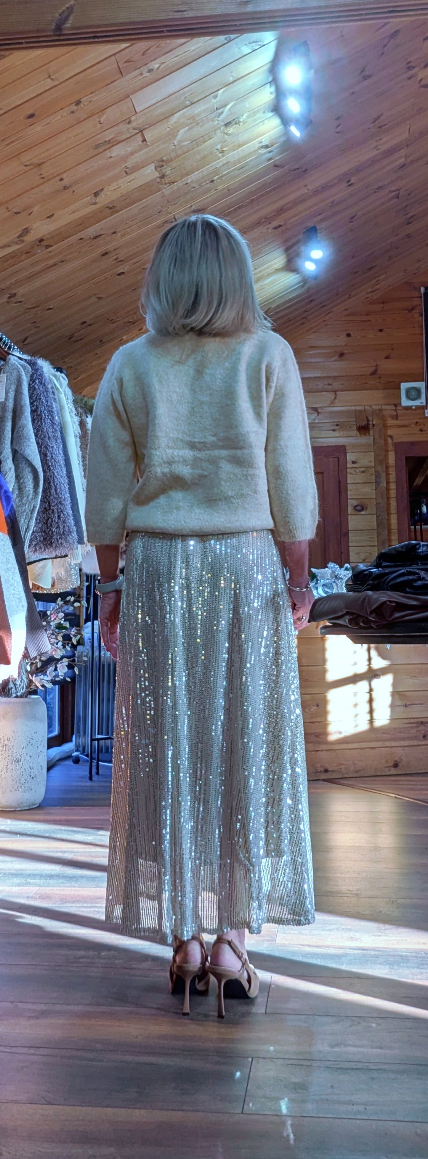 Cher Gold Bias Cut Midi Sequin Skirt
