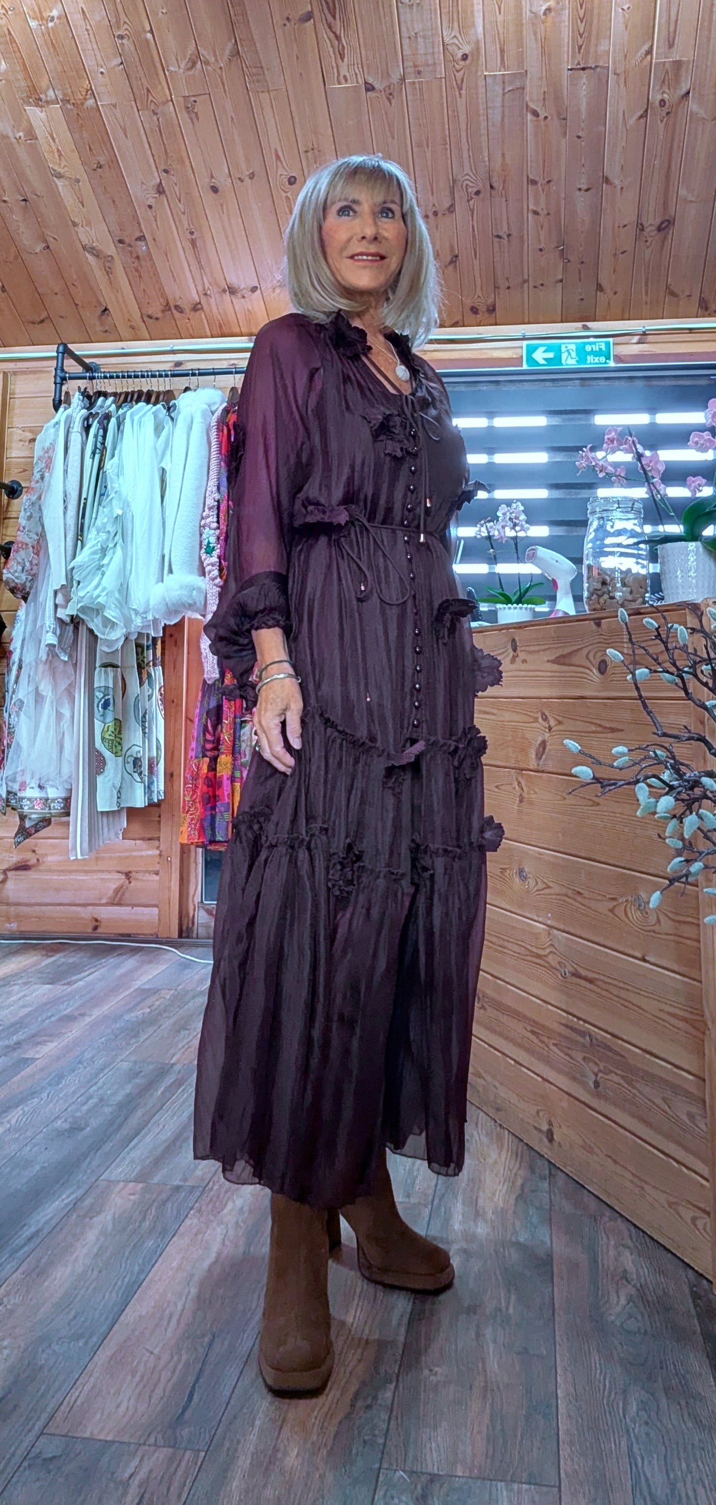 Gloria Coffee Tiered Dress – 3D Flowers -Tie Belt