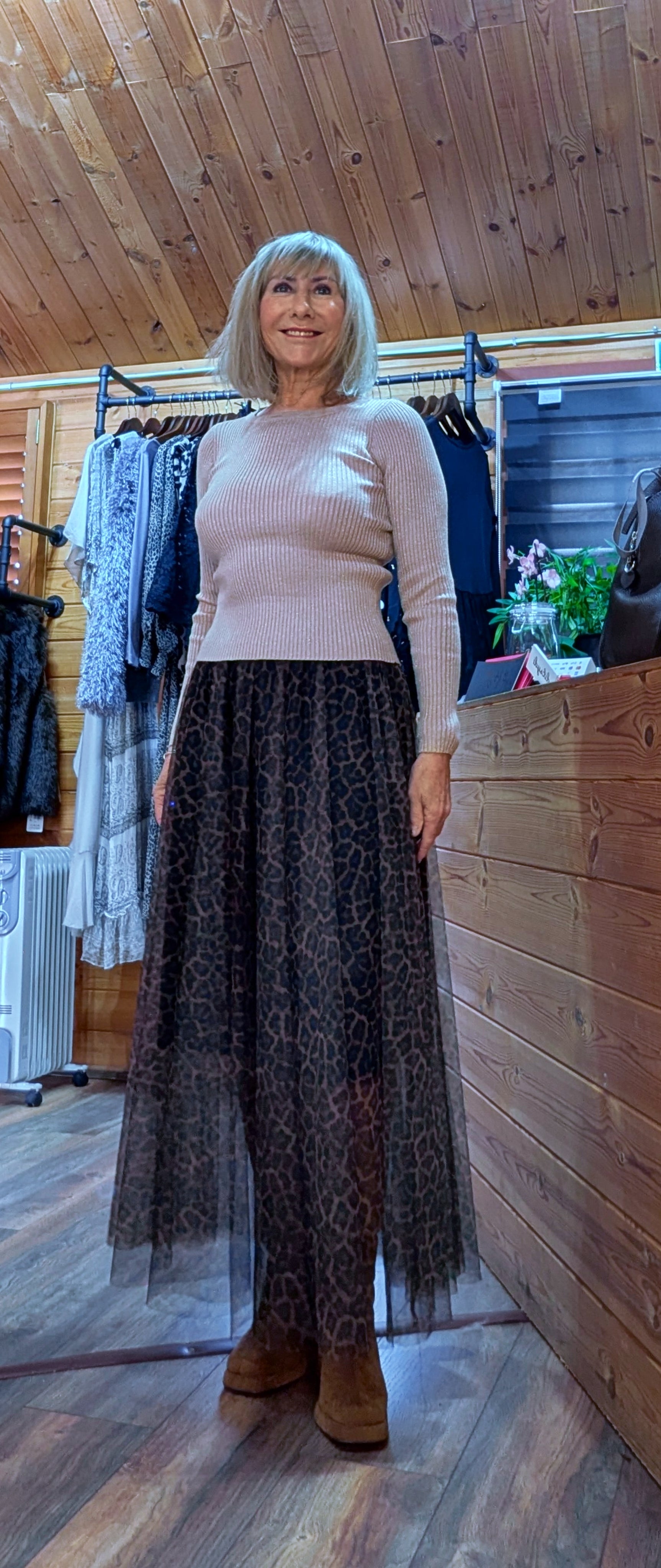 Callista Leopard Print Tulle Skirt – Fully Lined  Rula Crew -Neck Fitted Sweater – Soft Knit with Gold Shimmer