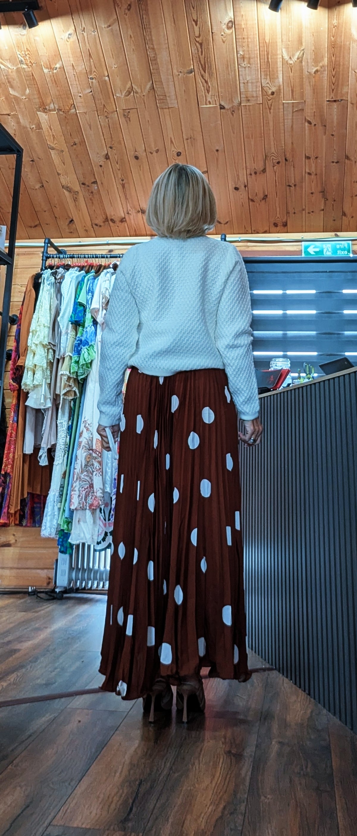 Trinny pleated maxi skirt in rust with white polka dot rear view
