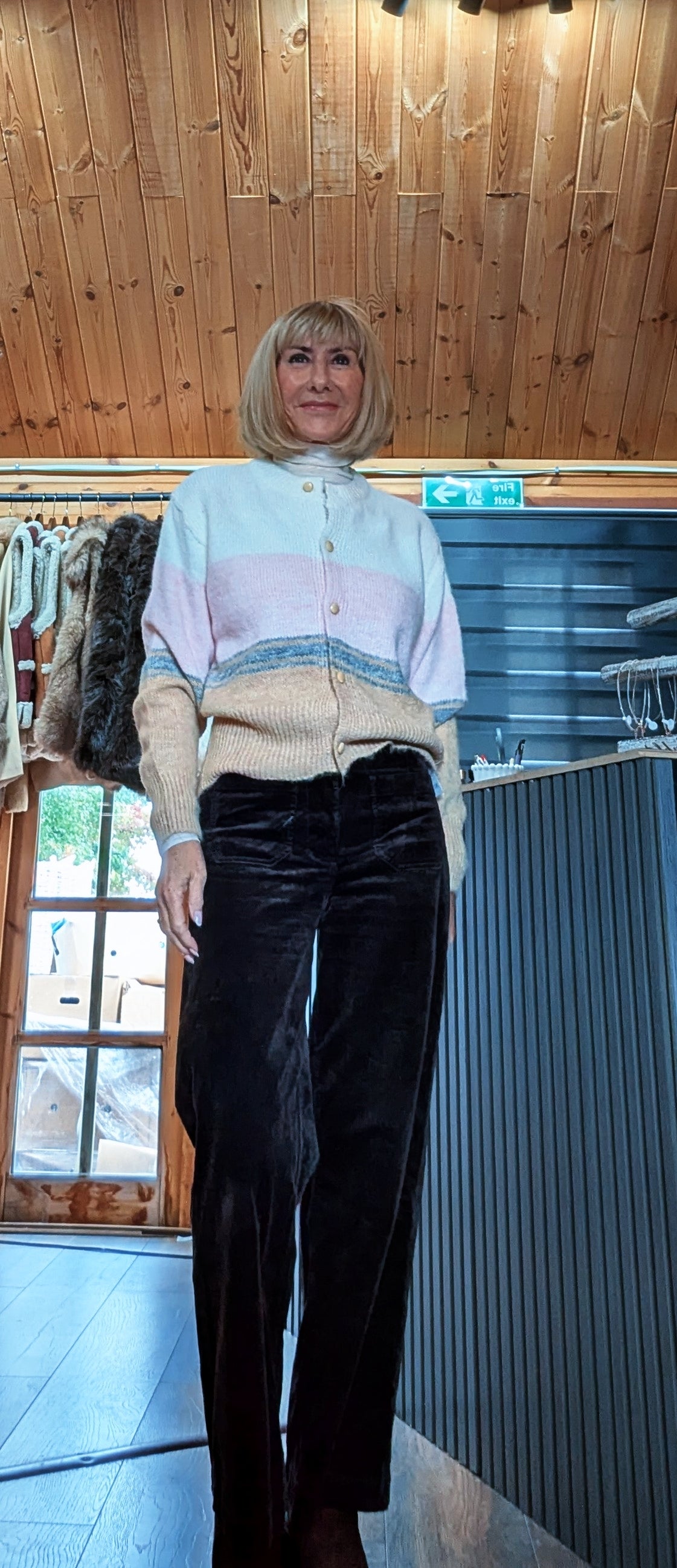 Front view of Helen striped cardigan showing the button fastening and contrasting grey stripe