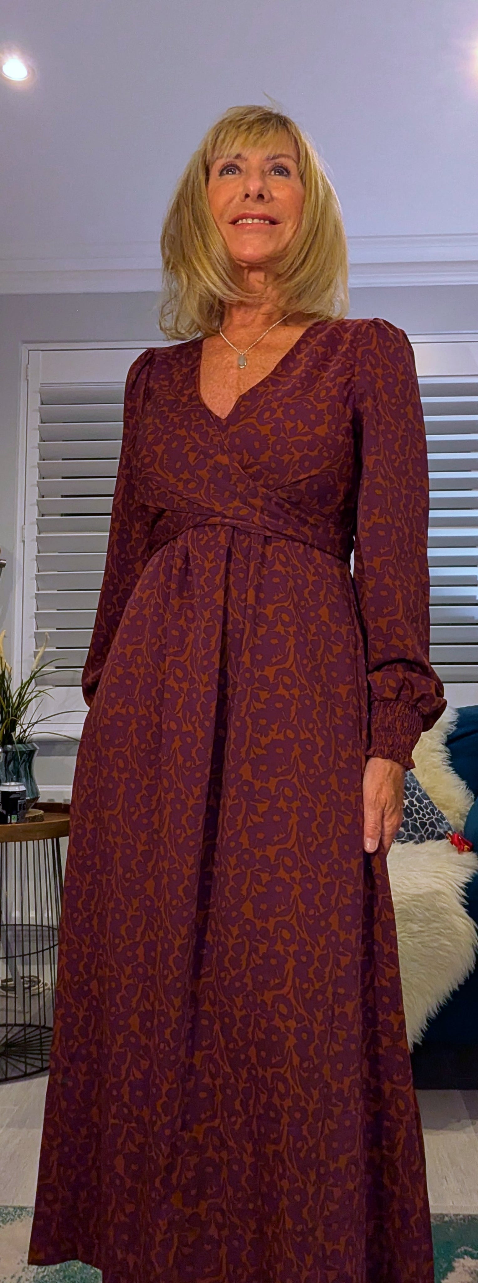 Dulcie Ditsy Floral Midi Dress – Maroon and Purple Silky Wrap