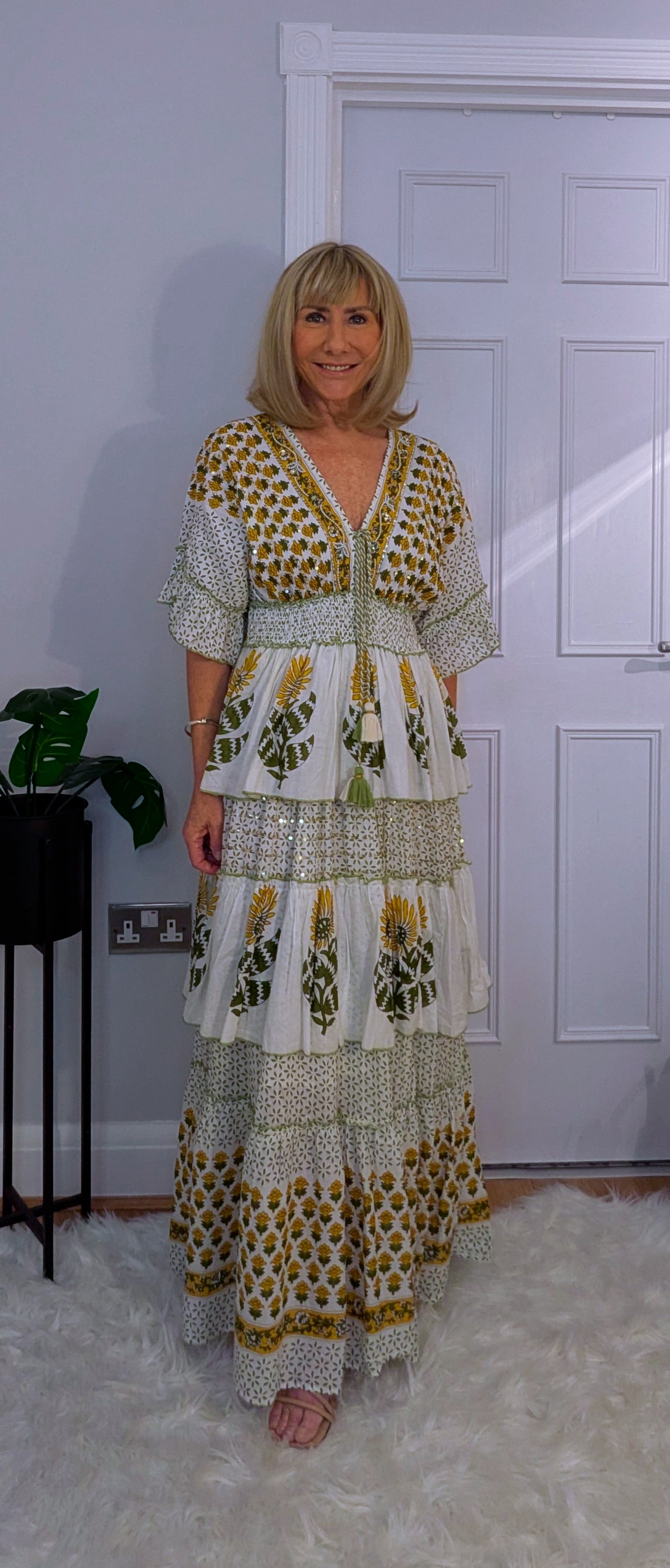 Santorini Bohemian Layered  Dress in White with Green and Gold Tassels