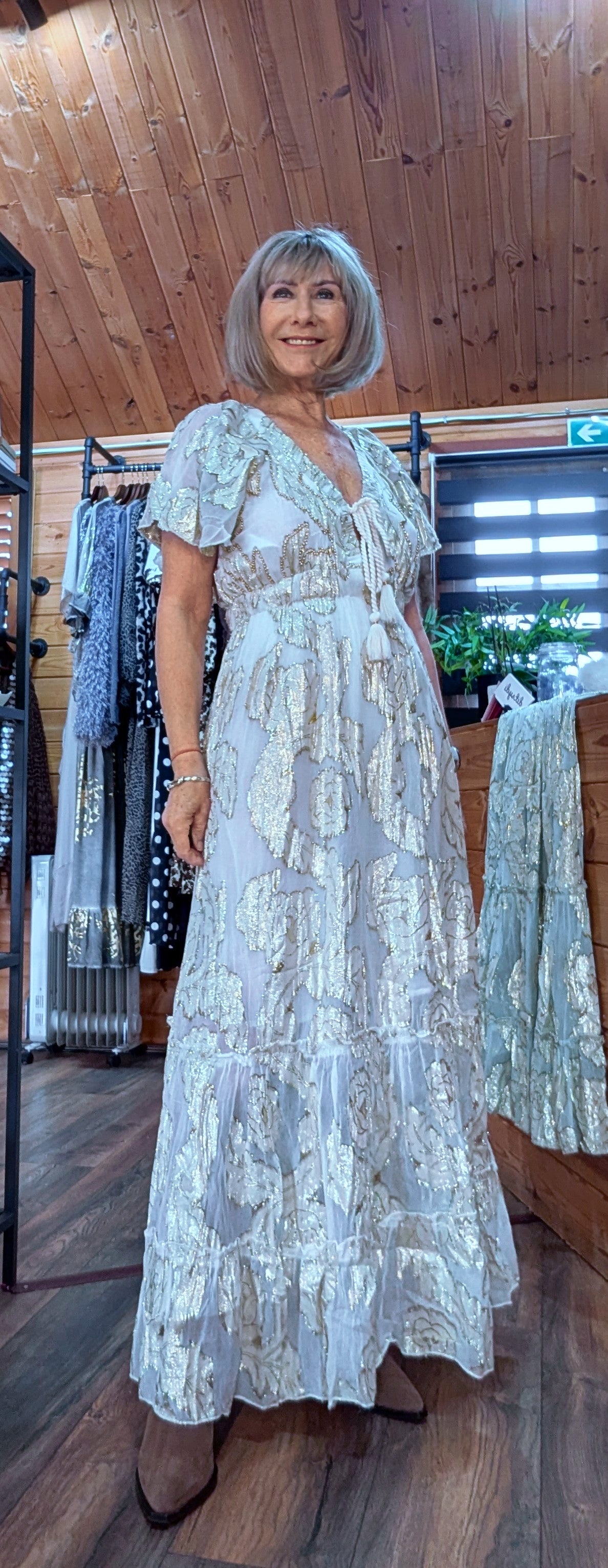 Milana Gold Rose Embossed Bohemian Maxi Dress Soft Beige