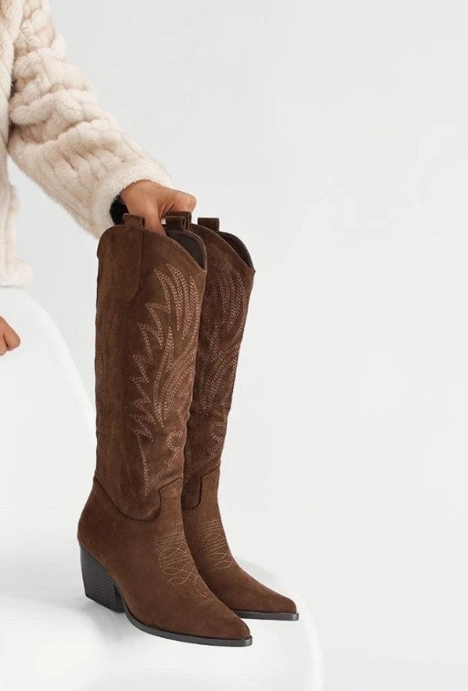 Dakota Faux Suede western  knee high Boots  In Chocolate with embroidery