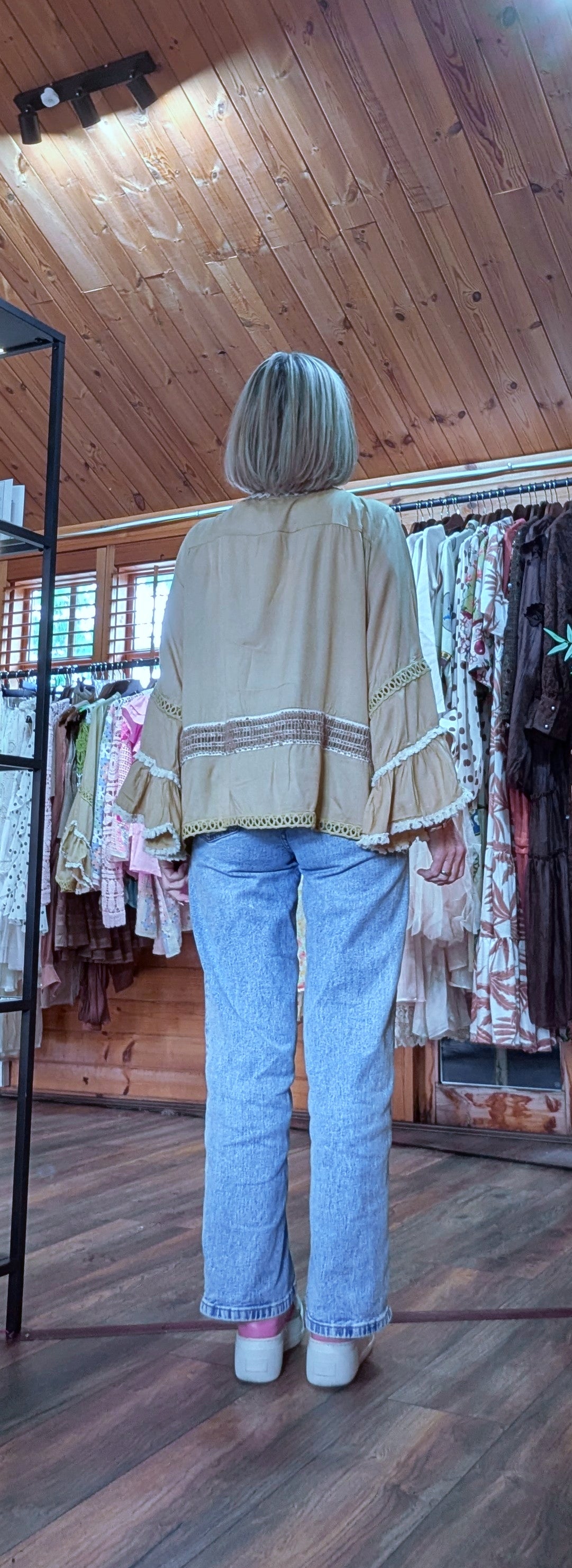 Khaki embroidered-style blouse with fluted sleeves