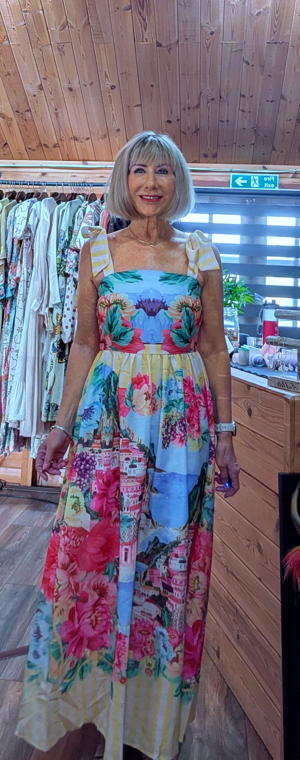 Bold colourful  printed maxi dress with shirred back