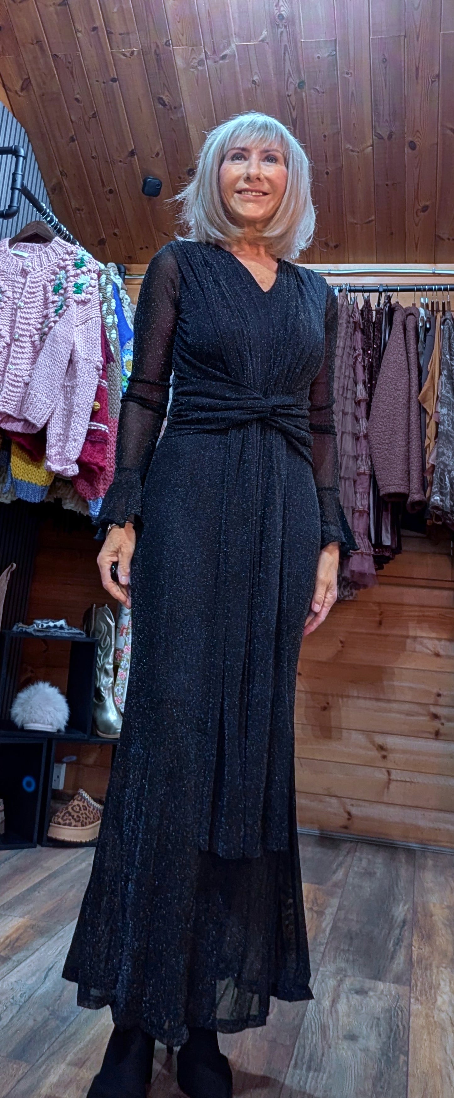 Shirley Black Glitter Mesh Dress – Draped Midi with Long Sleeves