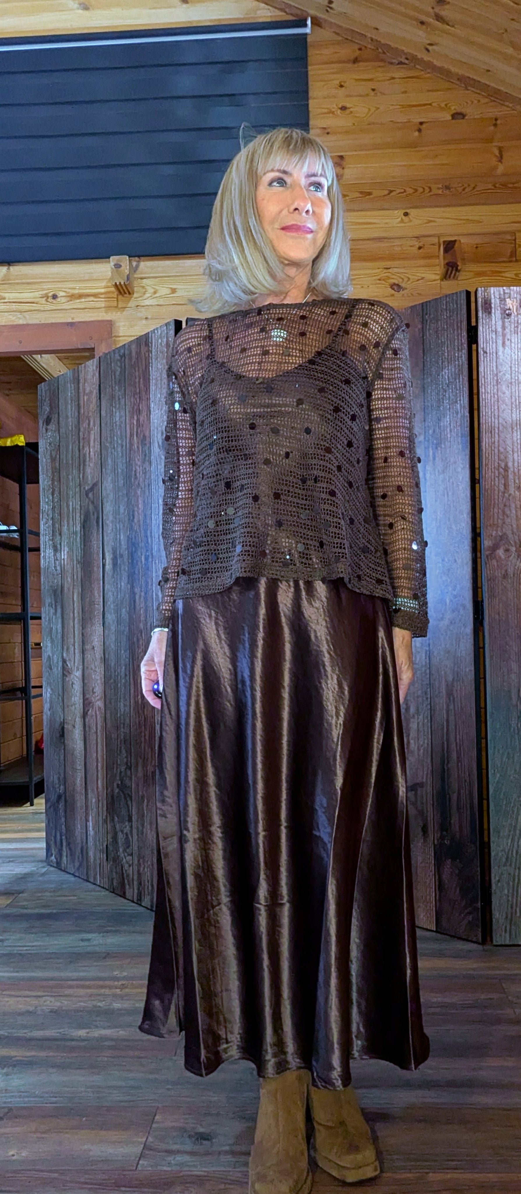 Loren Coffee Sequin Mesh Set – Silky Slip Dress with Beaded Tie Belt