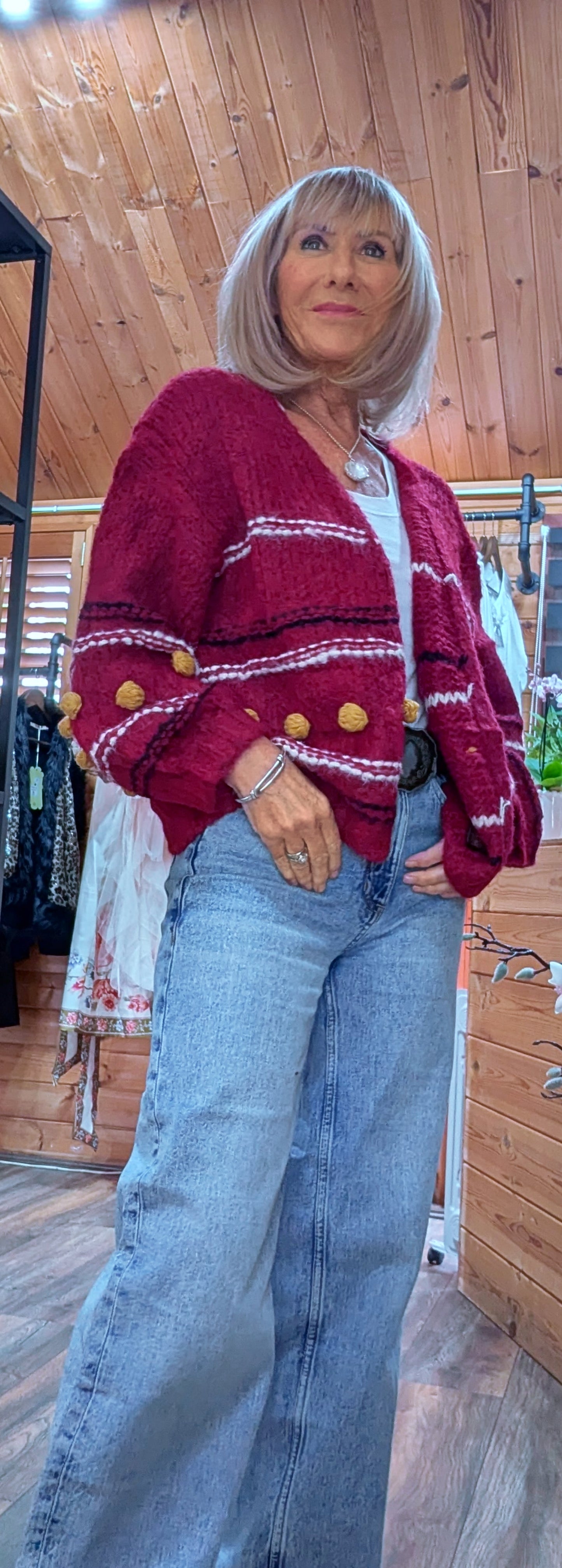 Pansy Chunky Cardigan – Deep Red with Balloon Sleeves- Mustard Bobbles