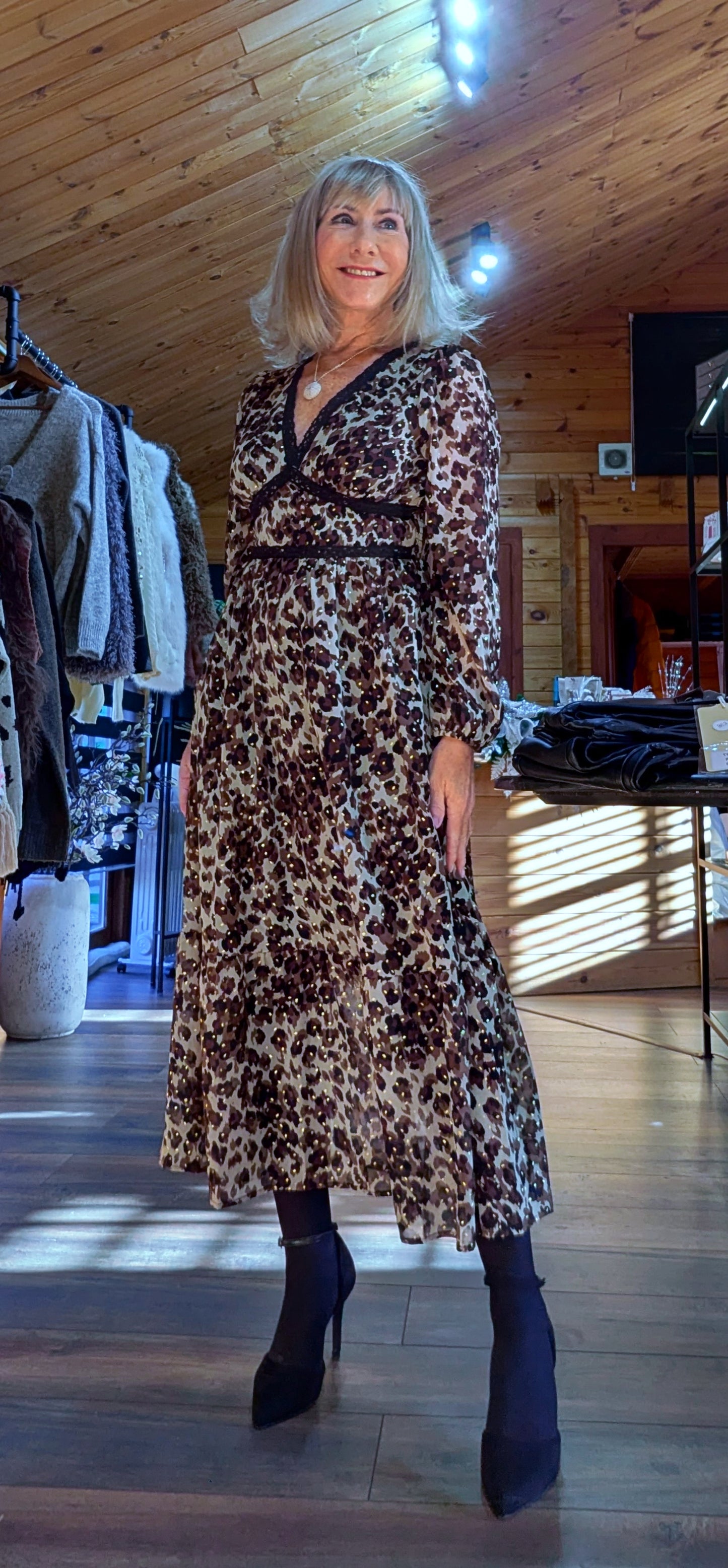 Caterina Leopard Print Dress – Lace Trim -Gold Accents