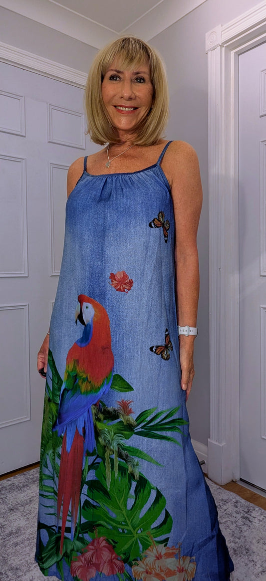 Delores Maxi Dress in Denim with Tropical Print Blue - Parrot