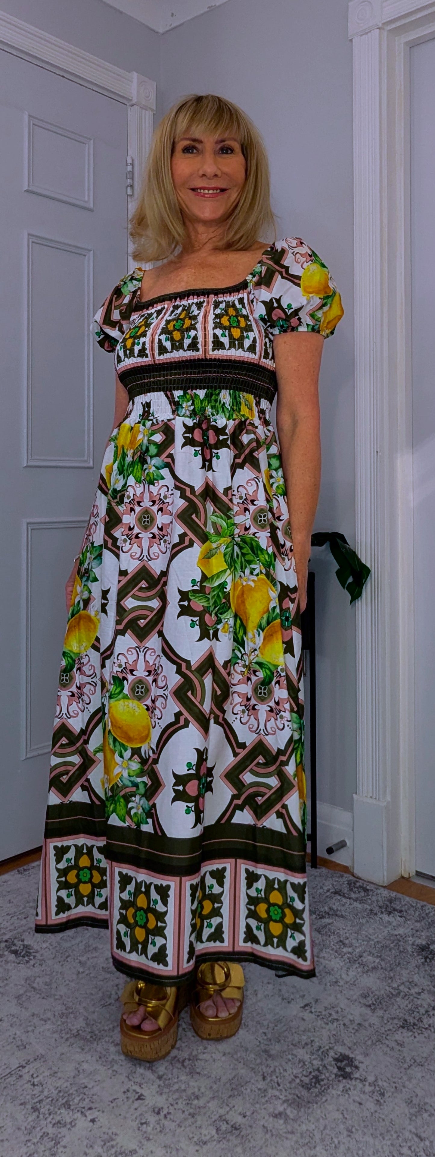 Blossom Bold Print Shirred Dresses On or Off Shoulder Green