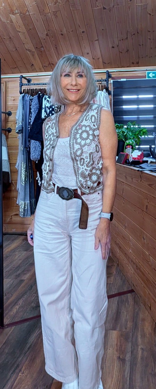 Adeline Sleeveless Crochet  Cardigan – Taupe