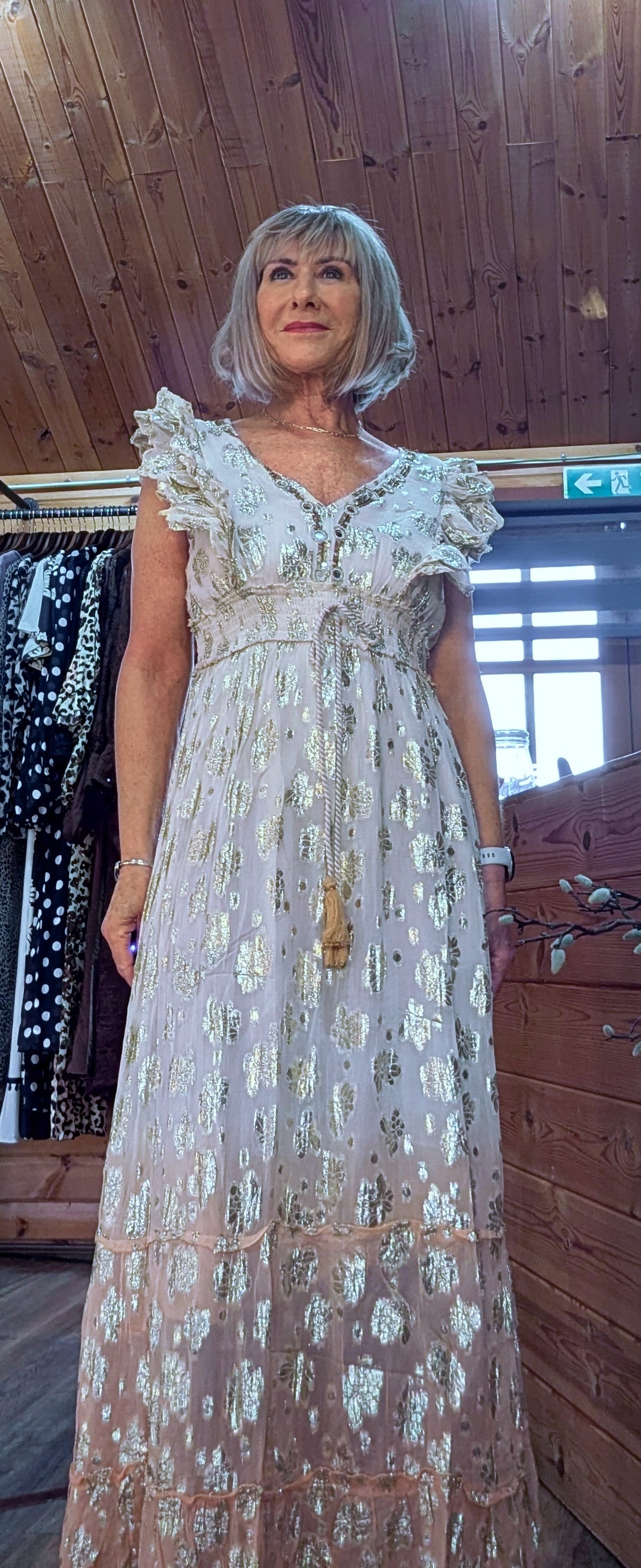 Juliette  Dip-dyed/Ombré Ruffle Shoulder Boho  Maxi Dress front view with flutter sleeves 