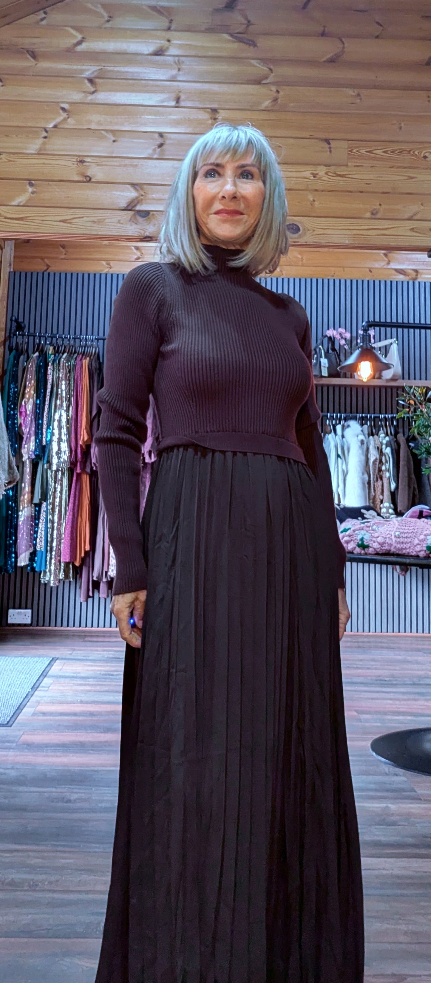 Haley Sweater Dress – High Neck with Pleated Maxi Skirt in Coffee or Black