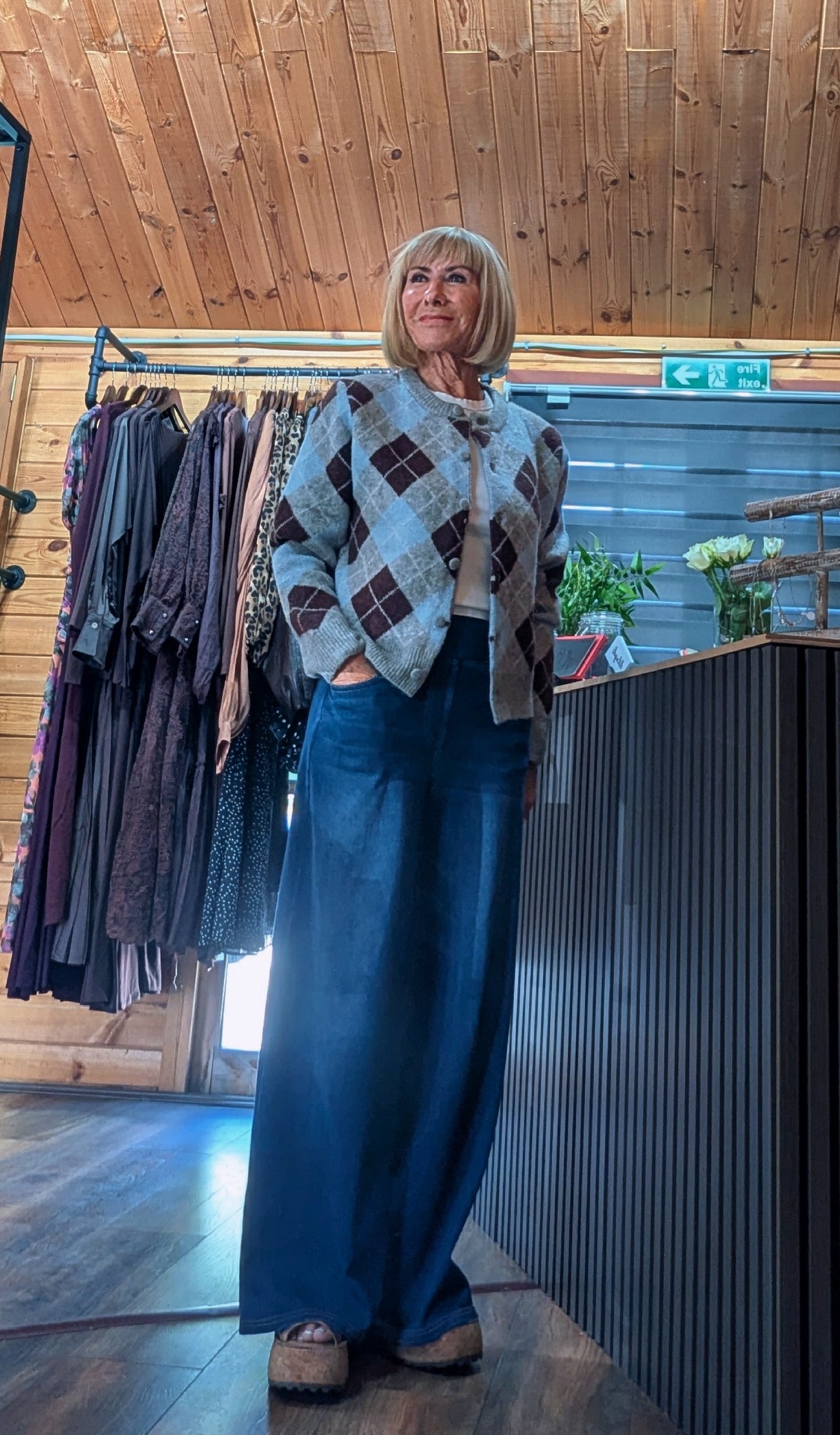Blue and brown patterned cardigan with long sleeves