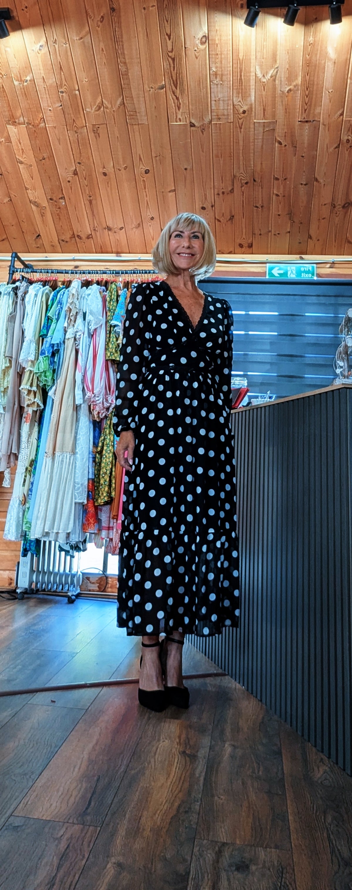 Hazel women’s midi dress with classic polka dot print