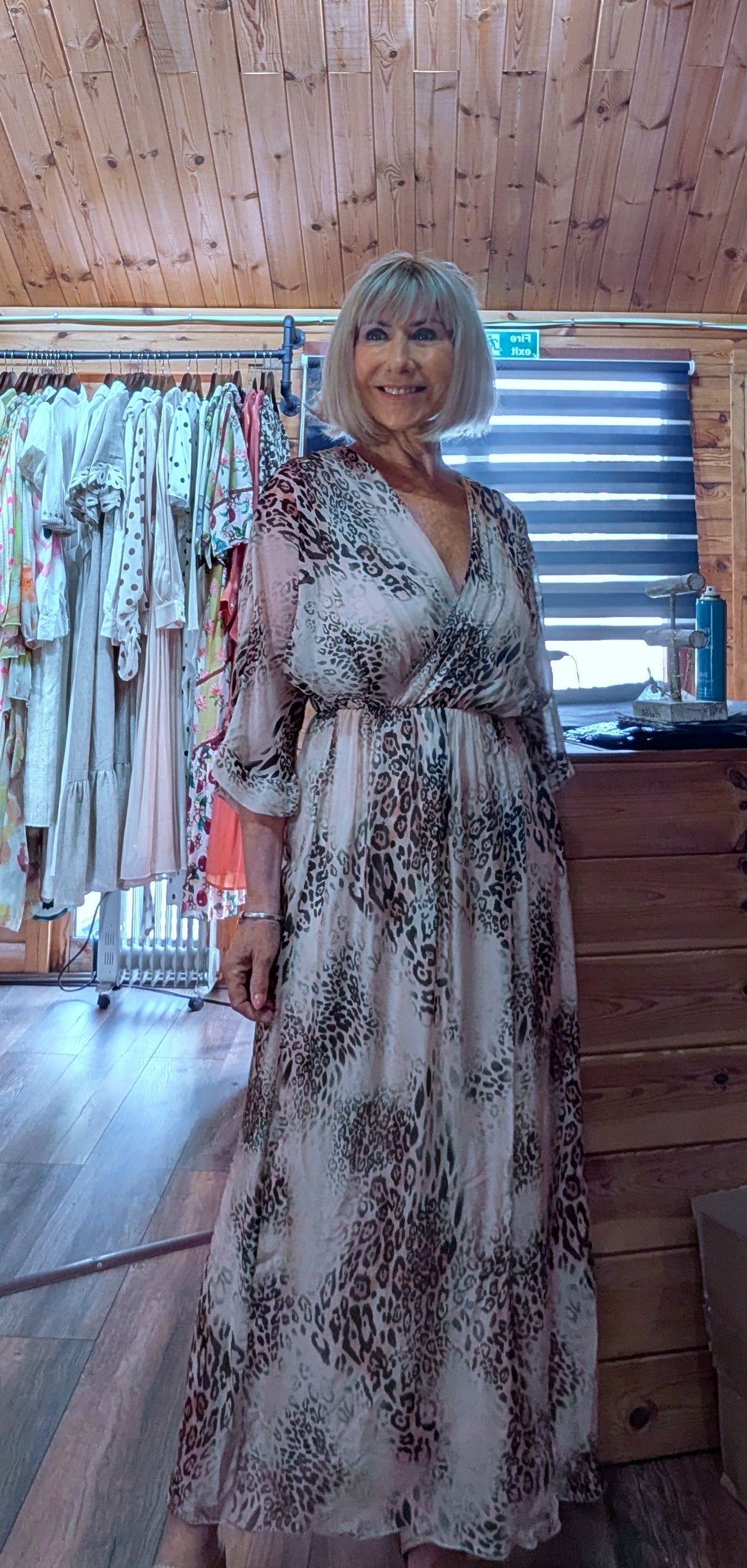 Leopard print silk blend dress, a lightweight maxi dress with a wrap-style bodice, perfect for holidays, evenings and special occasions.