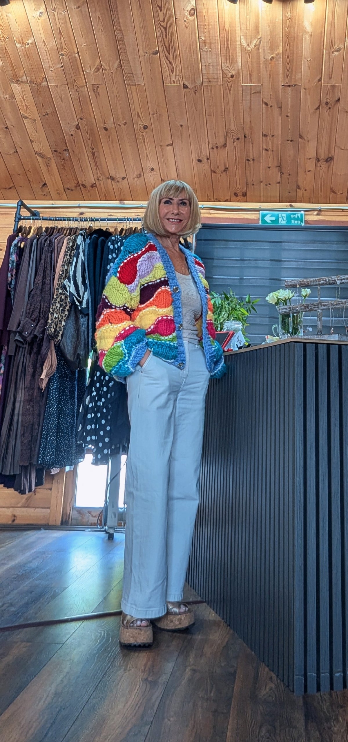 Lulu multicolour crochet knit cardigan with blue trim