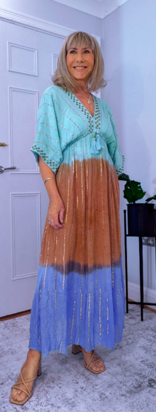 Rumer Boho Dress with Golden Embroidered Glam in Turquoise  Earthy Tones