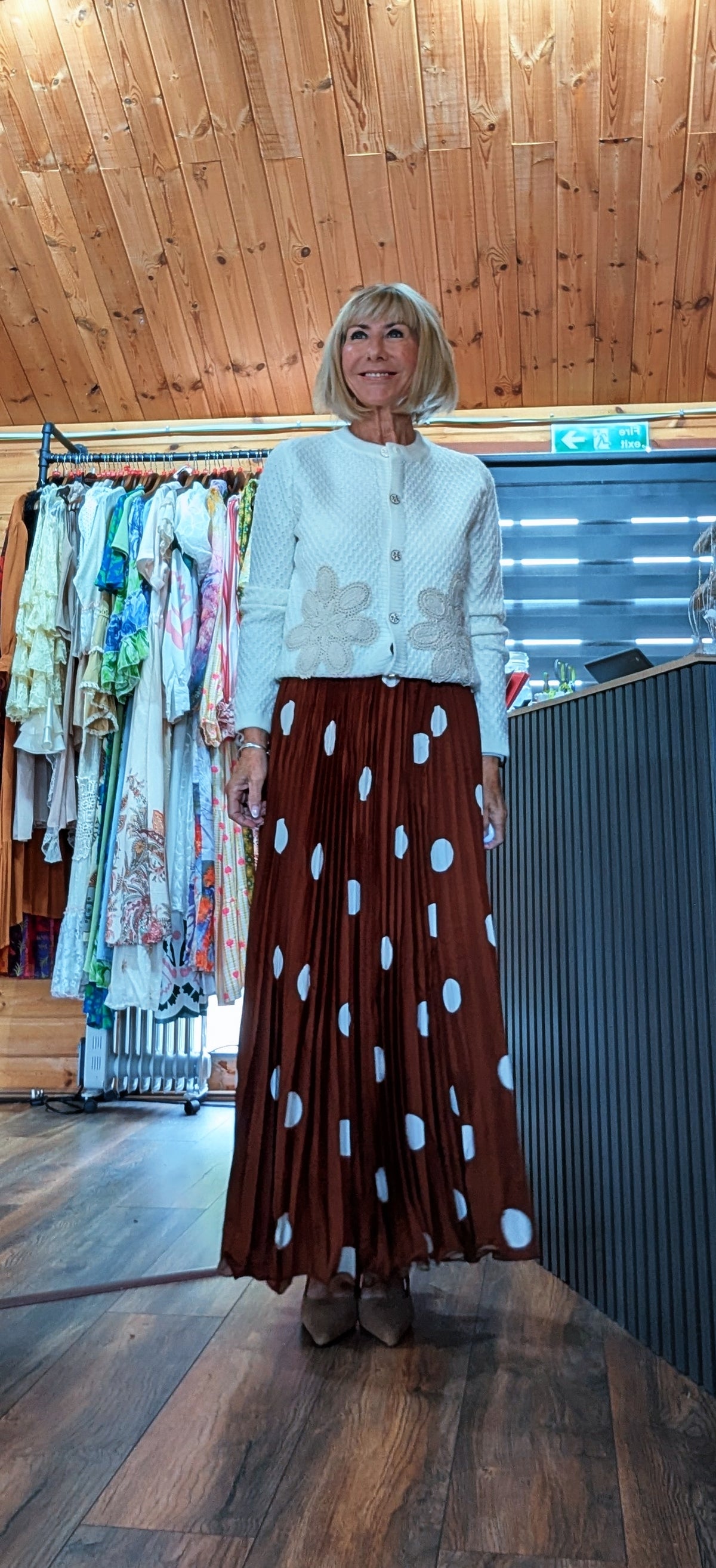ditsydi wearing Trinny polka dot pleated skirt with Aviary Ivory crdigan
