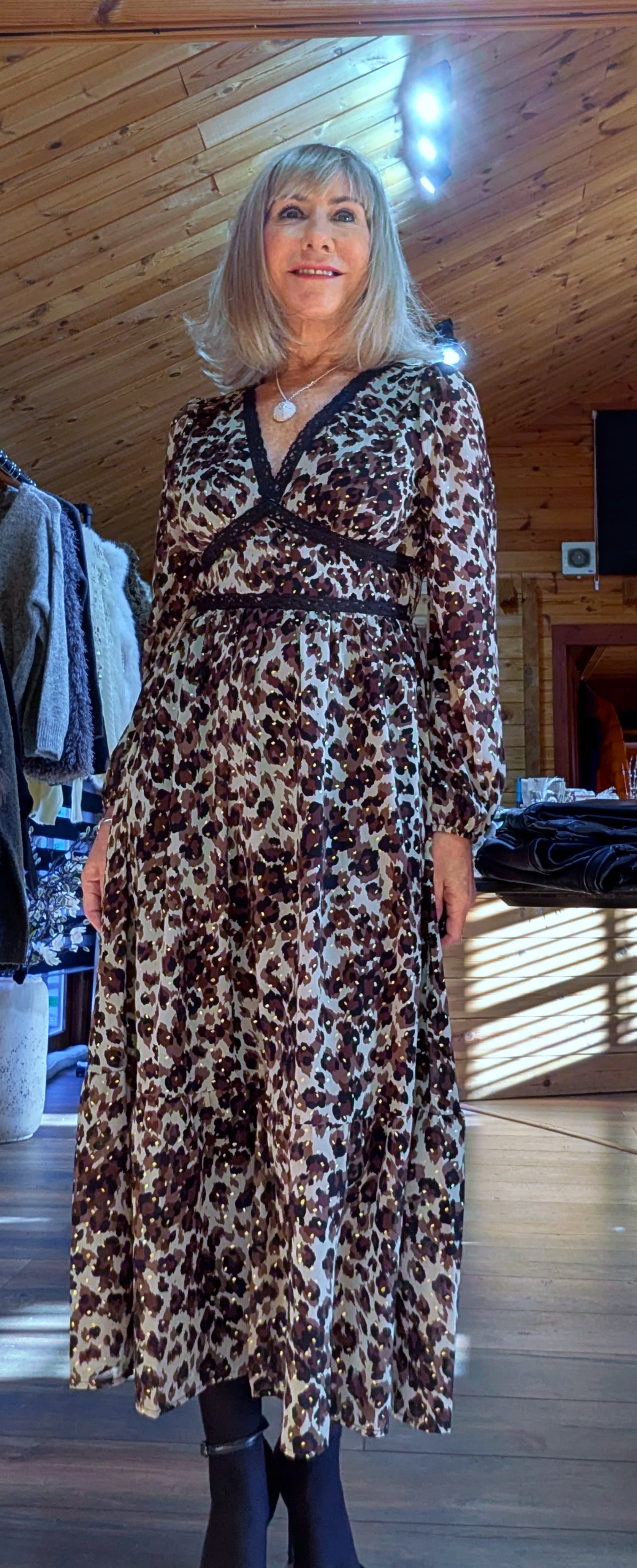 Caterina Leopard Print Dress – Lace Trim -Gold Accents