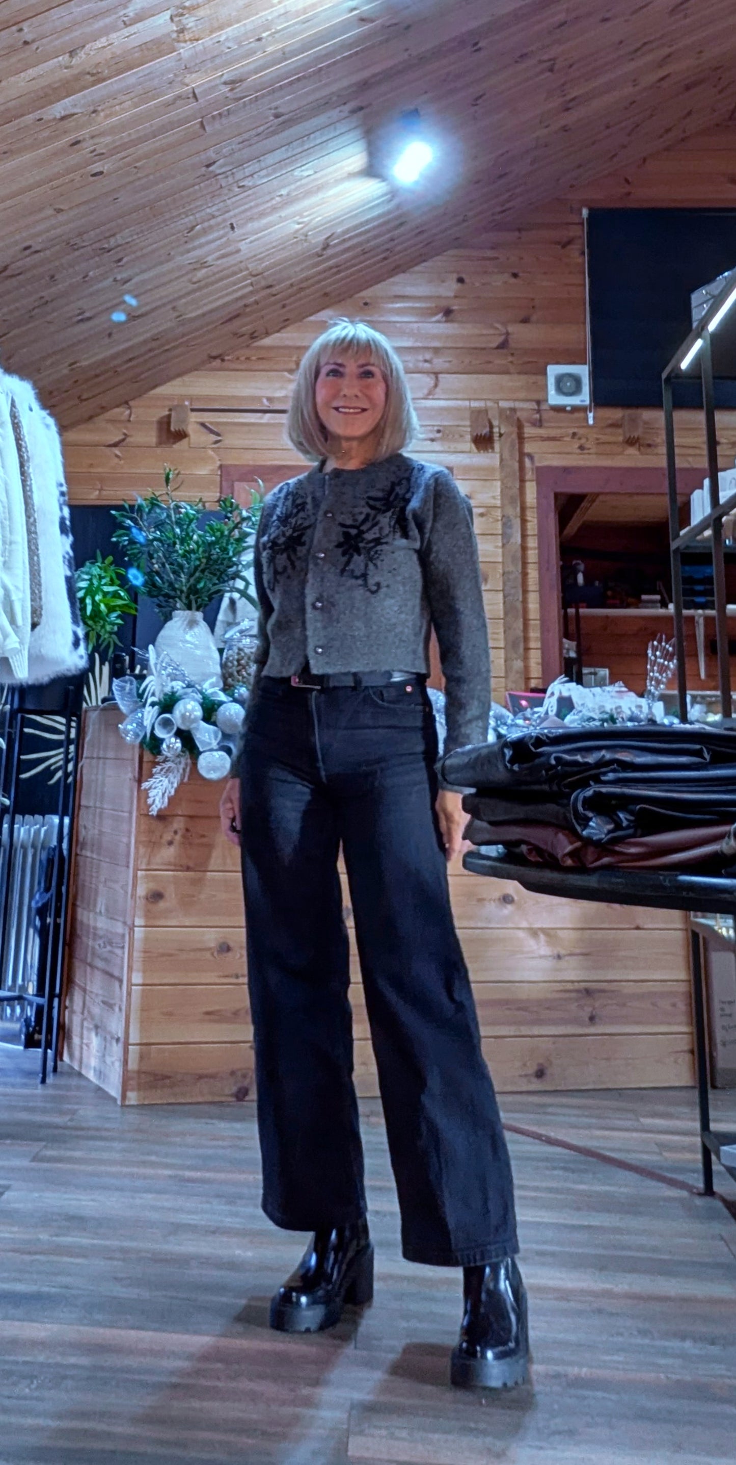 Sophie Charcoal Grey Cardigan – Black Beaded Floral Detail