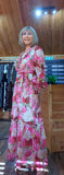 Luna Floral Crepe Maxi Dress in Pink- Green with Frill V-Neck