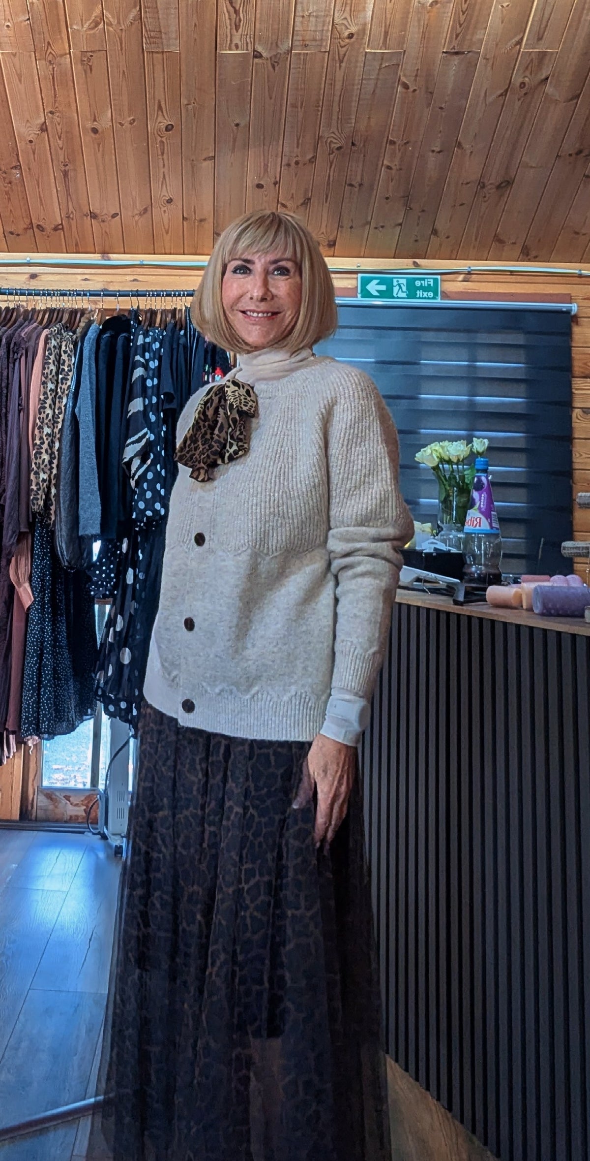 Cream button cardigan with leopard-print neck detail