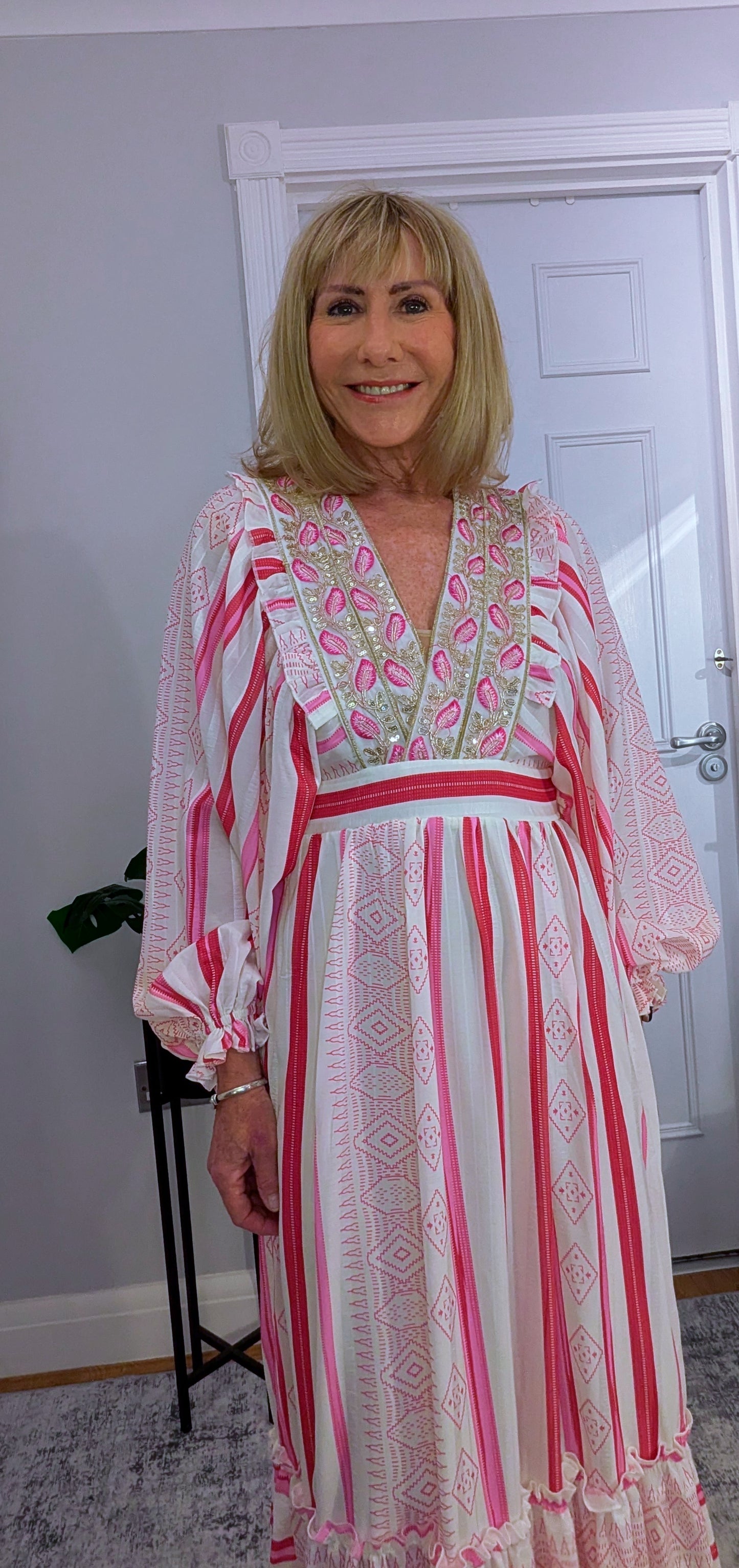 Ophelia Maxi Dress in  Pink and White with Gold Embellishment Cottage Core Style