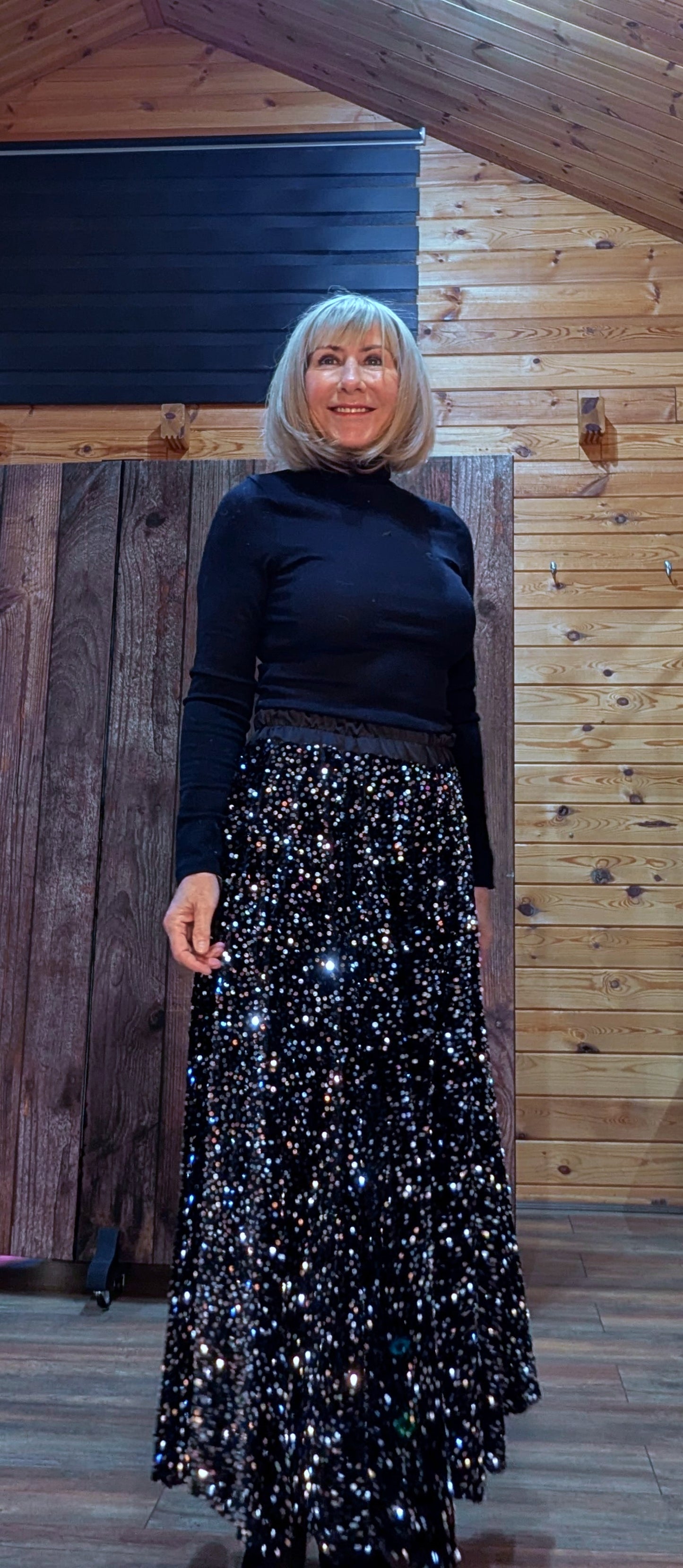 Noelle Black Sequin  Flared Skirt- Silky Elasticated Waist Band