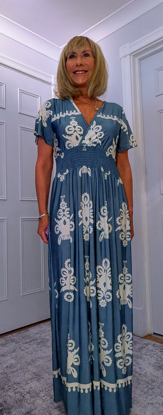 Elissa Dress Soft Jersey in  Bold Print With Shirred Waist Turquoise
