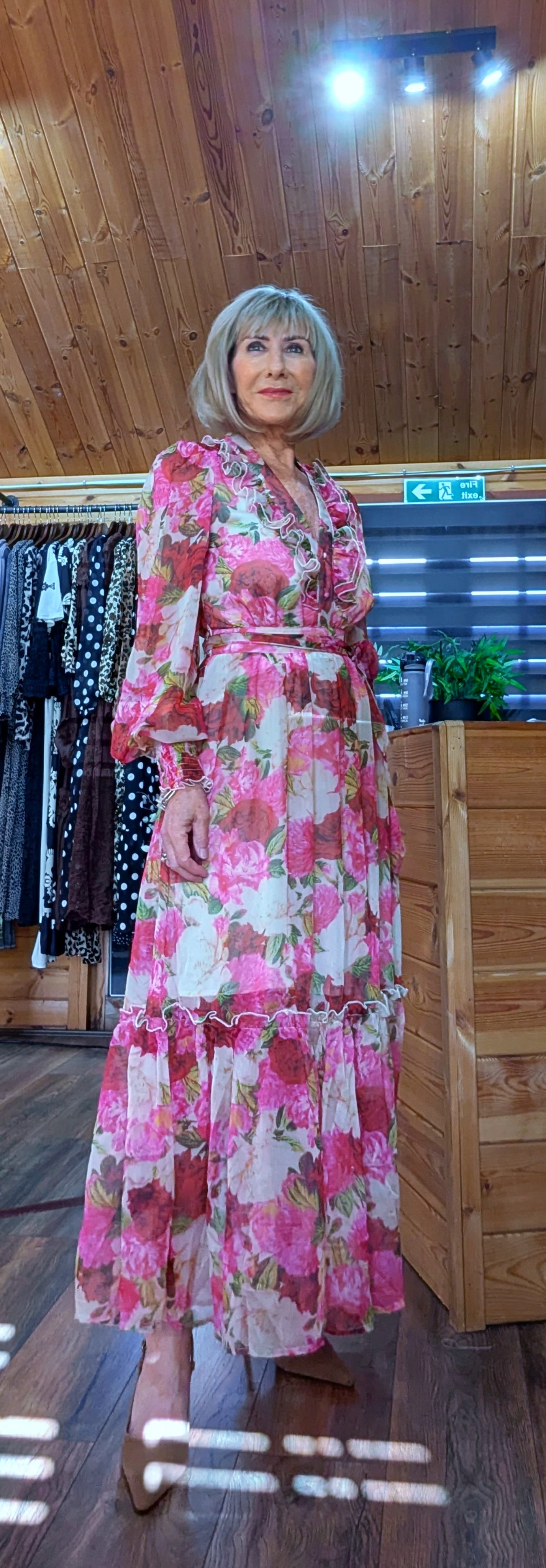 Luna Floral Crepe Maxi Dress in Pink- Green with Frill V-Neck
