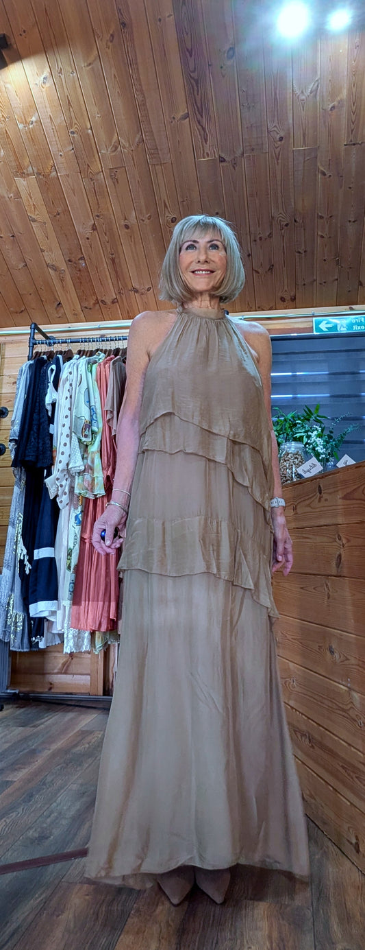 Daphne Silk Blend Sleeveless Dress with Tie Neck and Ruffles front view